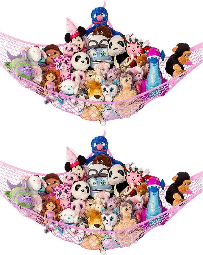 Stuffed Animal Hammock 2 Pack | Corner Stuffed Animal Storage & Plushie Net | Toy Hammock for Stuffed Animals | Holds 12lbs | Easy Hang, All Hardware Included | Pink Bedroom Decor | by Lilly's Love