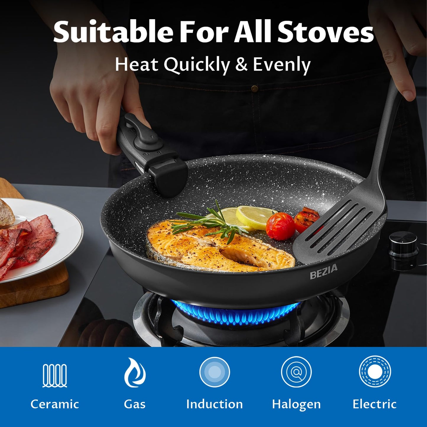 BEZIA Induction Cookware Set 10 Pieces, Nonstick Pots and Pans Set with Removable Handles, for All Hobs, Stackable Design, Dishwasher/Oven Safe, PFAS Free