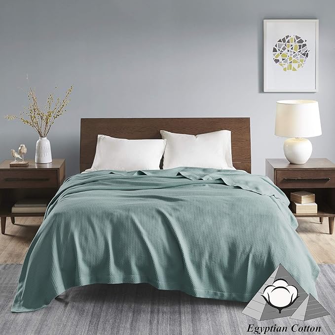 Madison Park Soft Certified 100% Egyptian Cotton Breathable Cozy Blanket, Premium Waffle Knit Classic Design, Luxury All Season Lightweight Cover for Bed, Couch and Sofa, Teal Twin(66"x90")