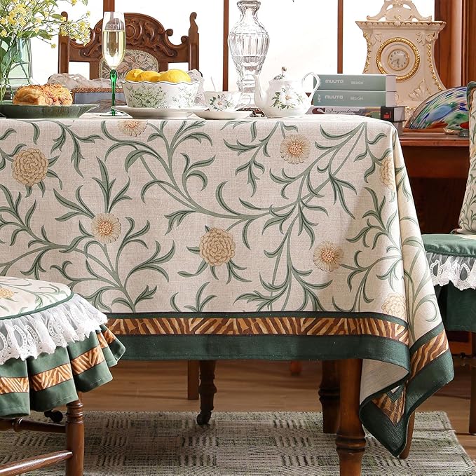 patdrea Designer French Linen Table Cloth for Rectangle Table,Vintage Fall Decorative Tablecloth,Floral Decoration Cover for Kitchen Dining Christmas,Tea Party,Thanksgiving,63"x87"-Littledaisy