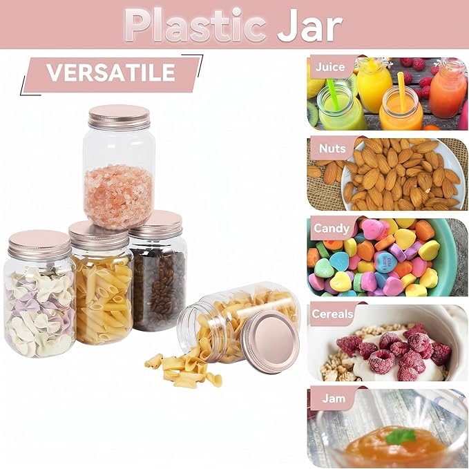 novelinks 16 oz Clear Plastic Jars with Lids, Refillable 16oz Mason Jars with Lids & Storage Containers for Kitchen & Household Use (24 Pack,Rose Gold)