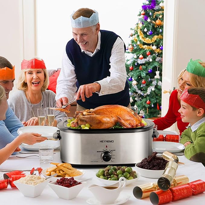 18Qt Turkey Roaster Oven Buffet with Self-Basting Lid, 1450W Electric Roaster Pan with Cool-Touch Handles, Stainless Steel Roaster Oven with Removable Pan and Rack, Silver