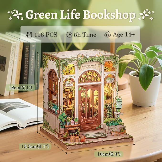 CUTEBEE Book Nook Kit - DIY Miniature House Dollhouse Kit for Adults and Teens, Booknook Tiny House Bookshelf 3D Wooden Puzzle, Gifts for Family (Green Life Bookshop)