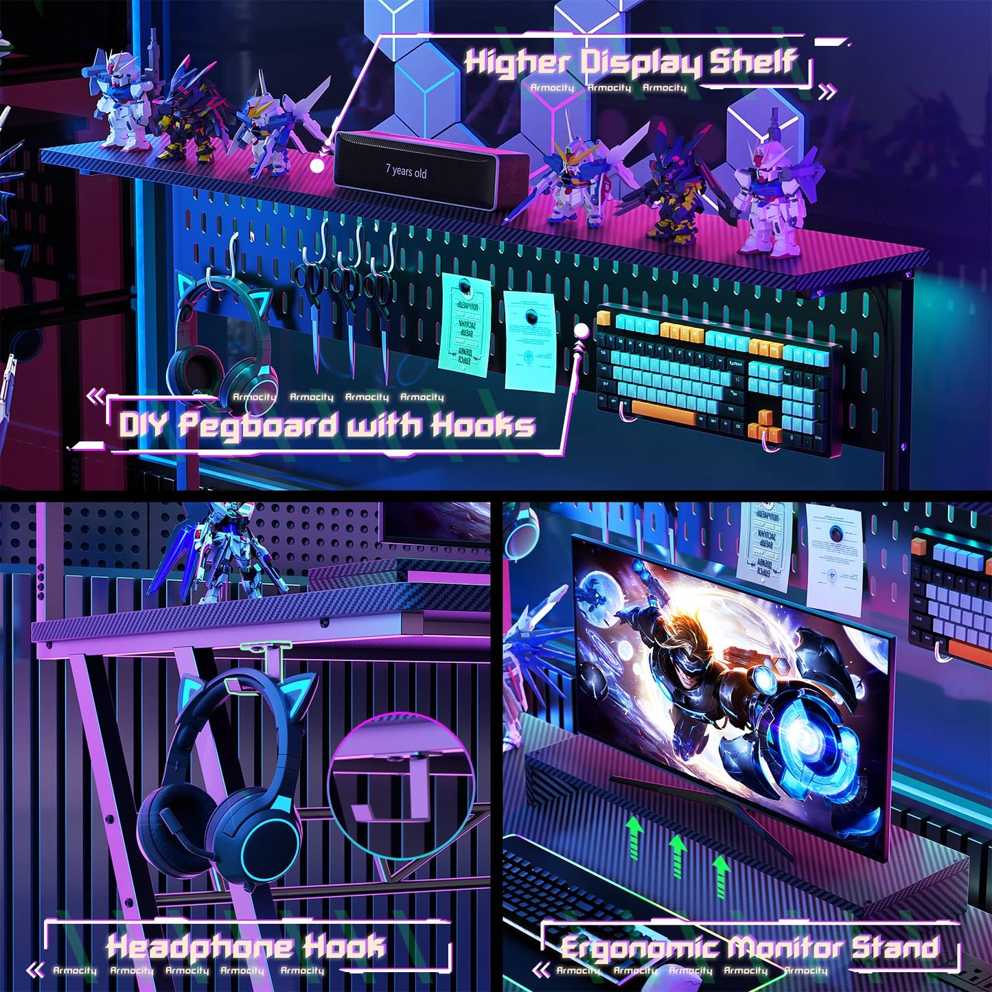 Armocity Gaming Computer Desk with Hutch and LED Lights, 53'' Black Gaming Desk with Storage Shelves, Reversible PC Gamer Desks with Pegboard, Ergonomic Desk for Bedroom, Carbon Fiber Surface