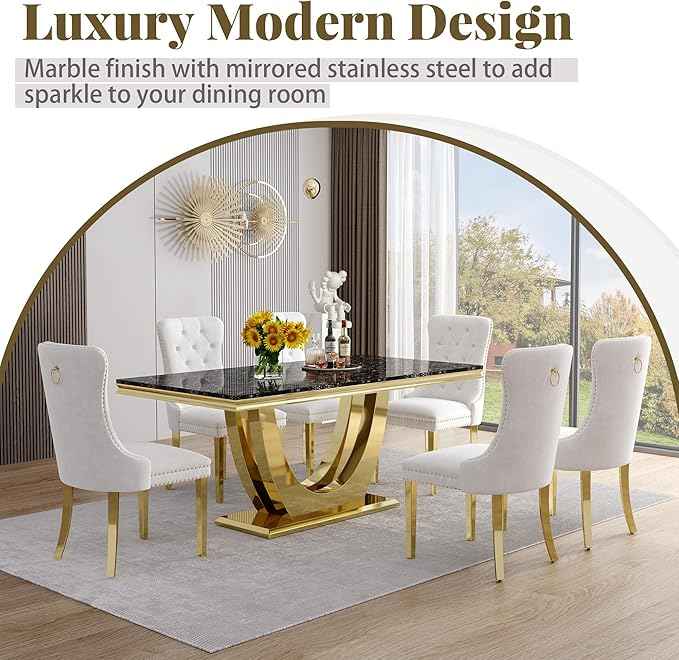 Marble Dining Table Set for 6,70" Black Faux Marble Kitchen Tables and Velvet Chairs for 6,7 Piece Luxury Dining Room Table Set and 6 Upholstered Chairs with Gold Stainless Steel Bases