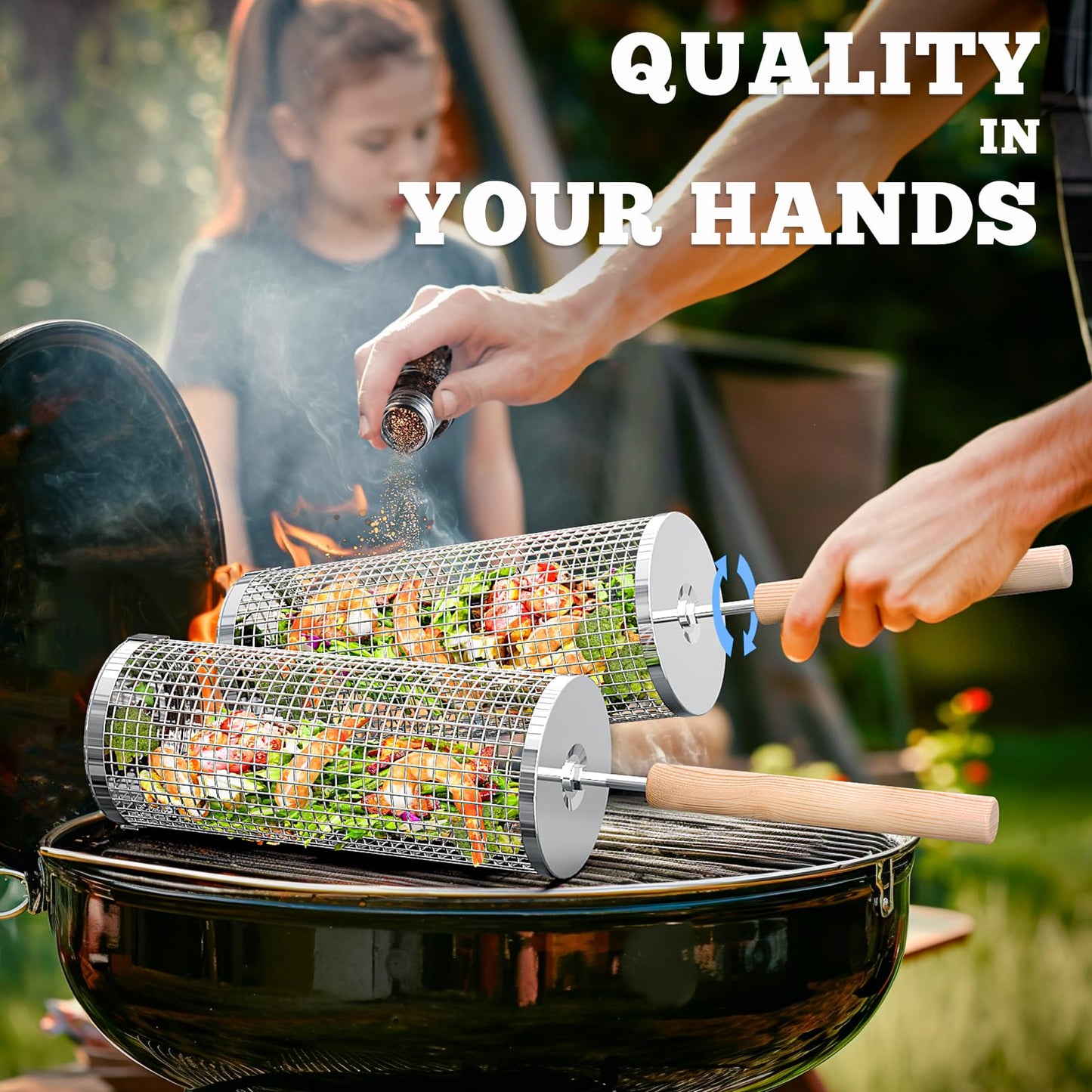 ivtivfu Rolling Grill Baskets, Removable Wooden Handle, 304 Stainless Steel, Nesting Grilling Net, BBQ Accessories Tools for Vegetable Shrimp, Outdoor Cooking Camping, Birthday Gifts for Men Dad Husband