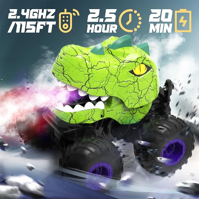BEZGAR Monster Truck Toys - Remote Control Monster Truck with Spray, Light, Music, Dinosaur Toys for Kids, 1:20 Scale RC Truck with 360° Spins and Drifting, Remote Control Car for Boys 4-7 Green