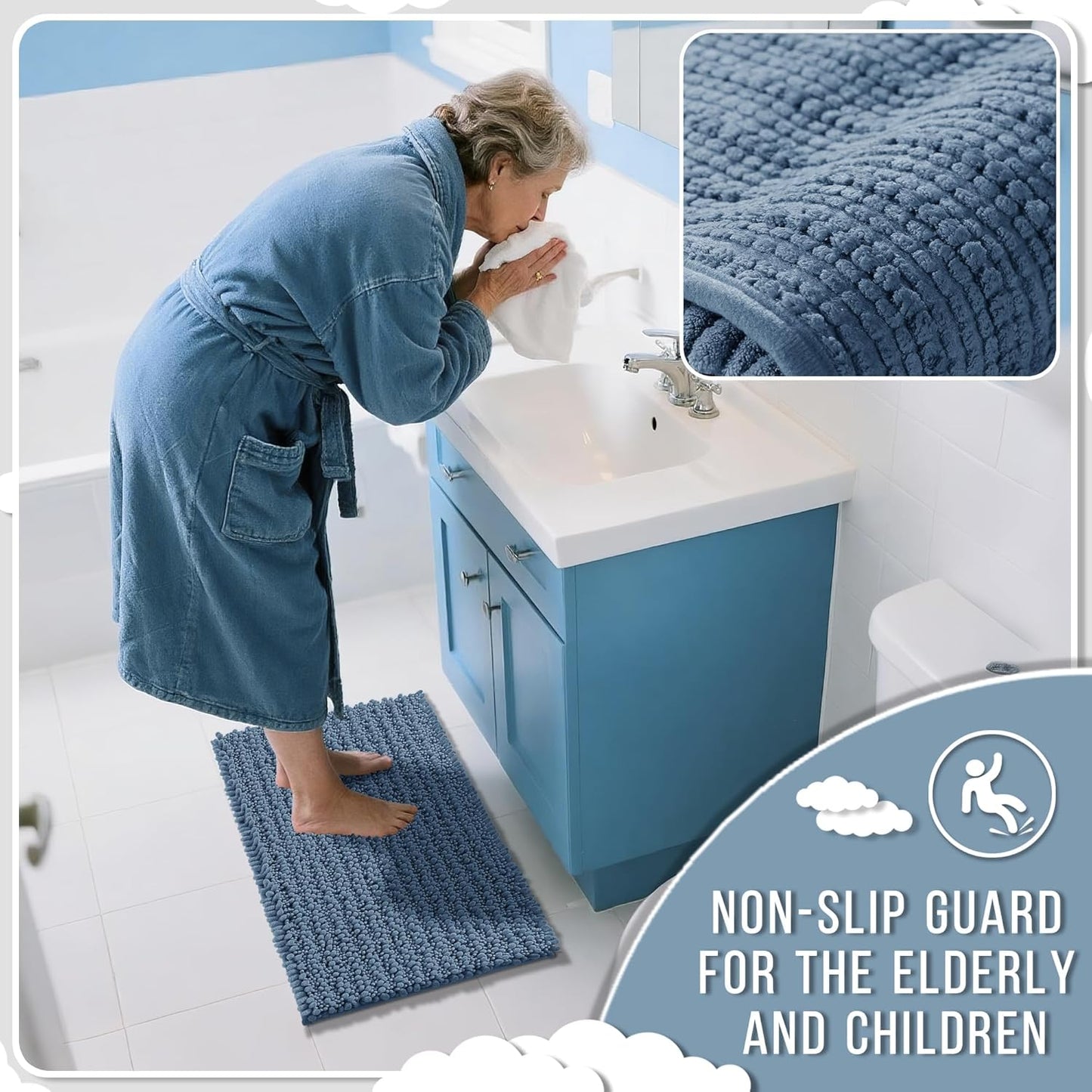 Yimobra Bathroom Runner Rug 55x24 Inch - Extra Long Non Slip Chenille Bath Mat, Soft & Absorbent, Machine Washable Shaggy Hallway Carpet for Vanity Tub Shower, Denim Blue Home Decor Accessories