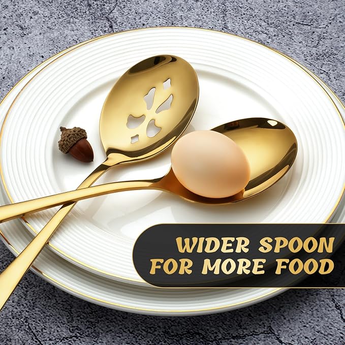 8 Piece Stainless Steel Serving Spoon Set - 4 Large, 4 Slotted,Dishwasher Safe,10-Inch,Gold, for Parties/Kitchen/Buffet/Catering