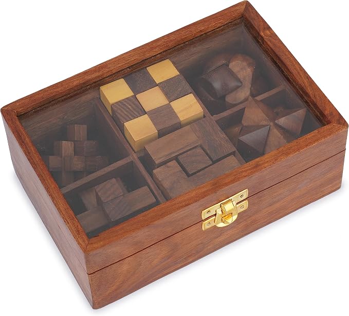 Ajuny Wooden Puzzles Box Set (6 Games) Brain Teaser for Teens & Adults, IQ Test Interlocking 3D Puzzles, Handcrafted Rustic Patio Decor, Unique Gift for Christmas and Birthdays