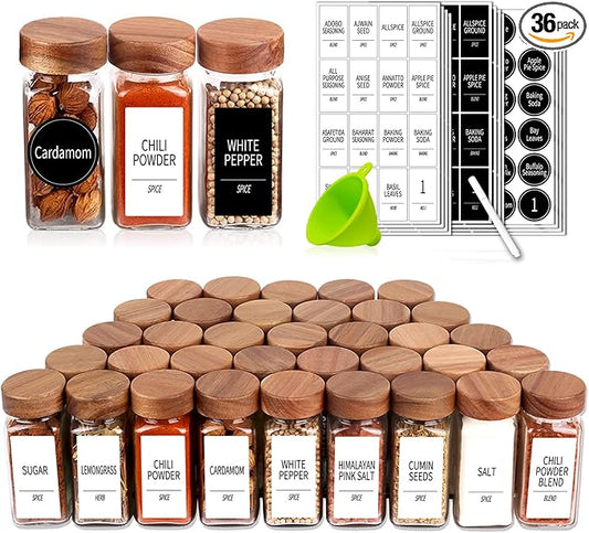 Churboro 36 Glass Spice Jars with 547 Labels with Shaker Lids - 4 Oz Square Spice Containers with Acacia Wood Lids, Chalk Pen, Funnel Seasoning Jars for Spice Rack, Cabinet, or Drawer