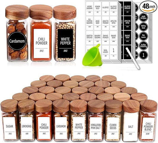 Churboro 48 Spice Jars with 547 Labels and Shaker Lids - Glass - 4 Oz Square Containers with Acacia Wood Lids, Chalk Pen, Funnel Seasoning Jars for Spice Rack, Cabinet, or Drawer