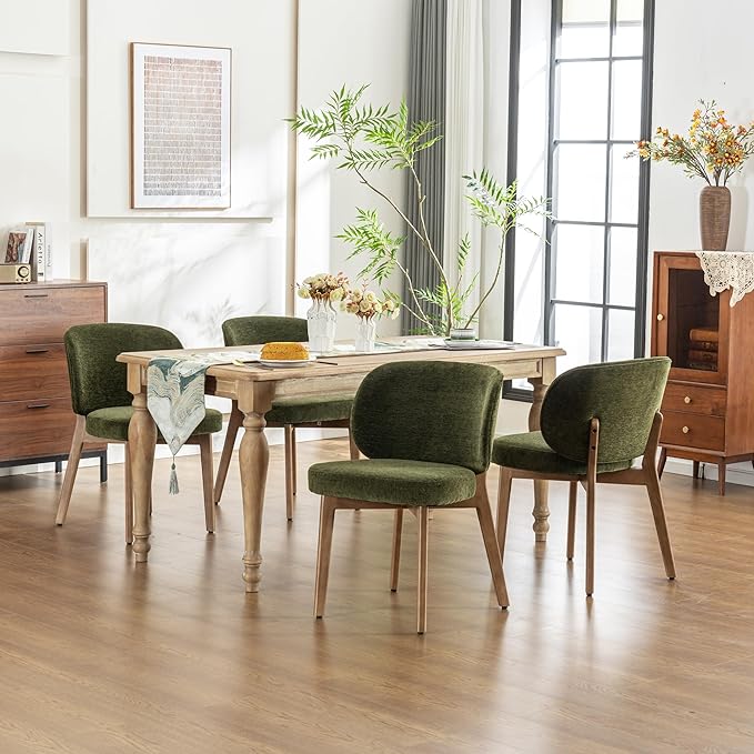 YOUNIKE Olive Green Dining Chairs Set of 6 Mid Century Modern Kitchen Chair with Back Boucle Fabric Upholstered Armless Accent Chair 20" Wide Padded Seat with Wooden Legs for Living Room Bedroom