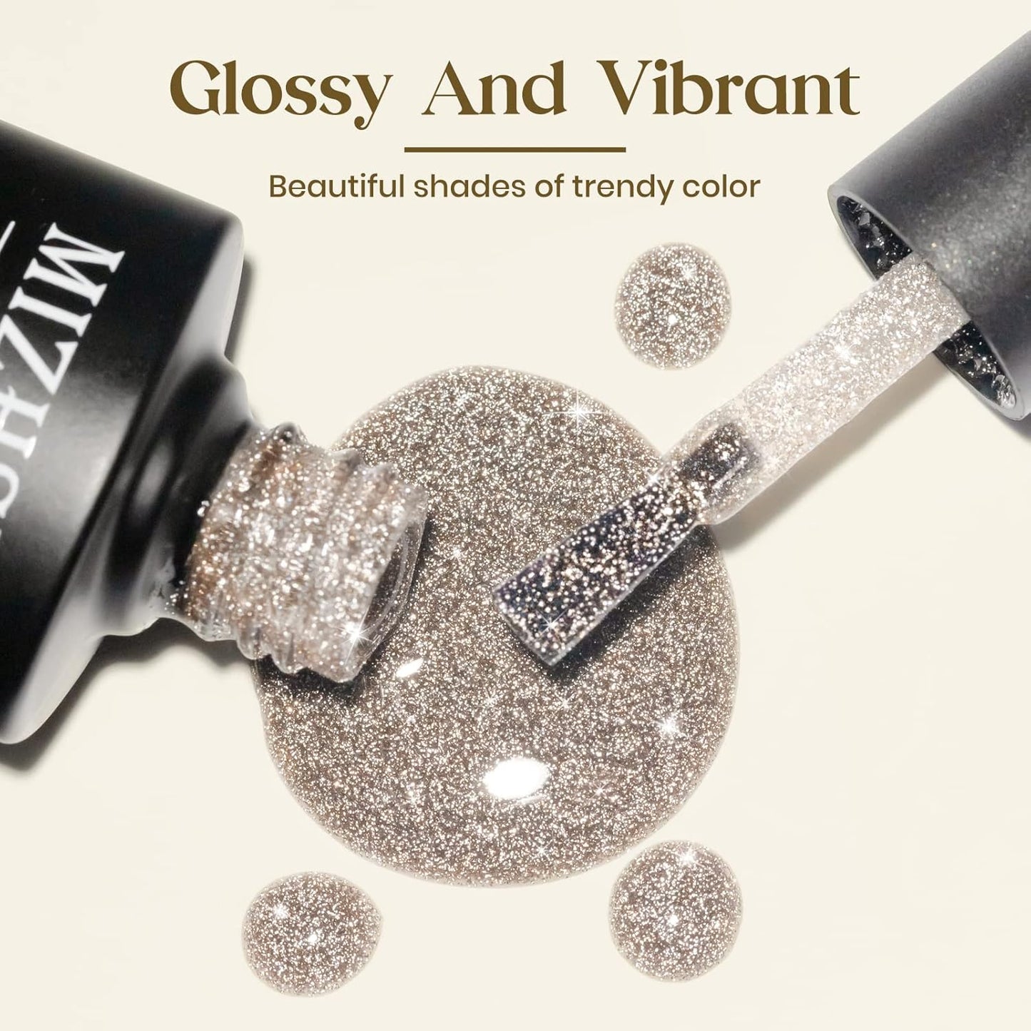 MIZHSE Reflective Glitter Gel Nail Polish, Light Gold Sparkly Shiny Gel Polish, Shimmer Nail Gel Soak Off Nail Art Manicure DIY at Home