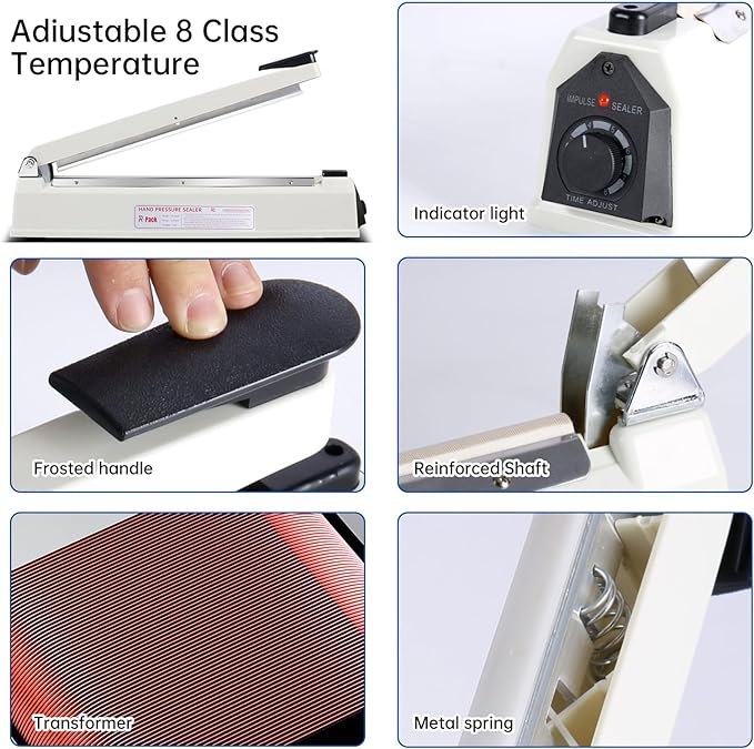 Impulse Heat Sealer with Seal bar, Heavy-Duty Bag Sealing & Cutting Machine, 2 Extra Replacements (white, 16inch)