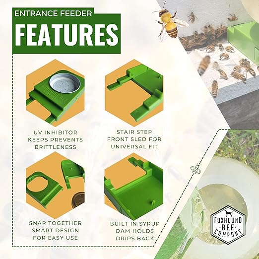 Foxhound Bee Company Front Entrance Honey Bee Feeder and Lid for Feeding Bees Water or Sugar Syrup from The Front of The Hives in Beekeeping - 4 Pack