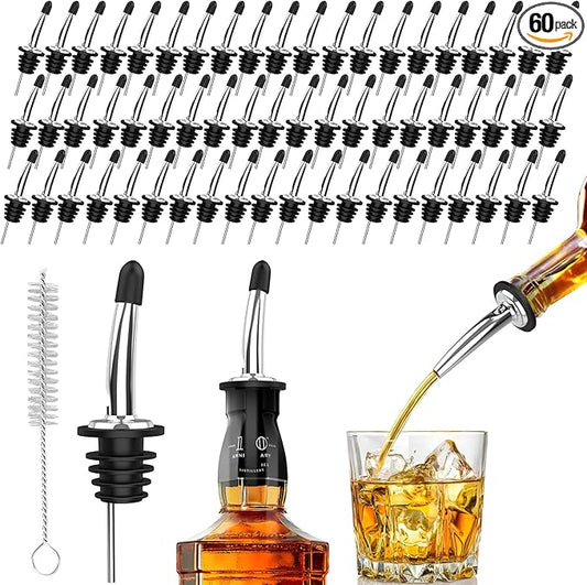 60-Pack Stainless Steel Pour Spouts for Liquor Bottles Oil Vinegar and Wine,Liquor Bottle Pourers with Rubber Dust Caps,Bar accessories,Pourers for Bartending