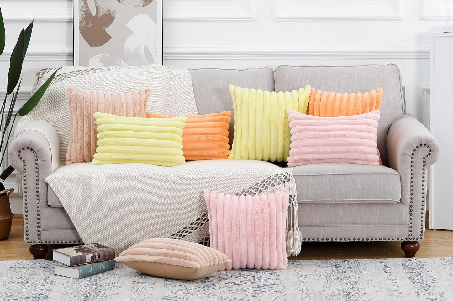 MADIZZ Set of 2 Faux Wool Plush Decorative Throw Pillow Covers 26x26 Inch Orange Fluffy Striped Soft Decorative Cushion Cover for Sofa Bedroom Pillow Shell