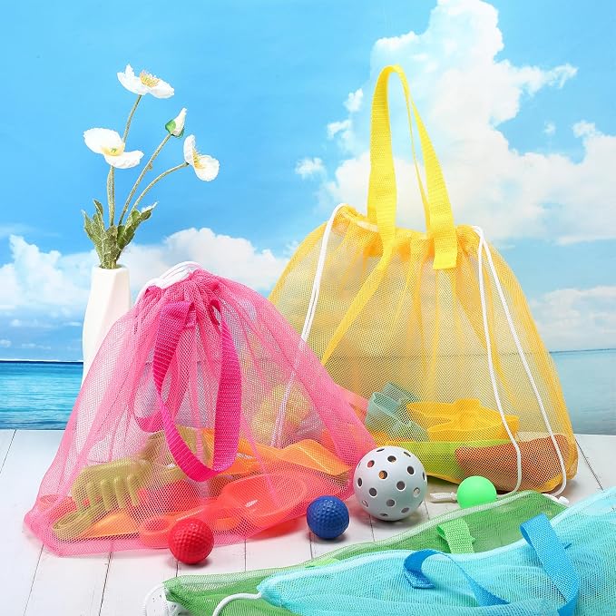 Paterr 16 Pcs Mesh Beach Tote Bag Seashell Bags Foldable Large Beach Toy Organizer with Drawstring, Pool Gym Swimming Camping Accessories Lightweight Foldable Birthday Gifts (8 Colors)
