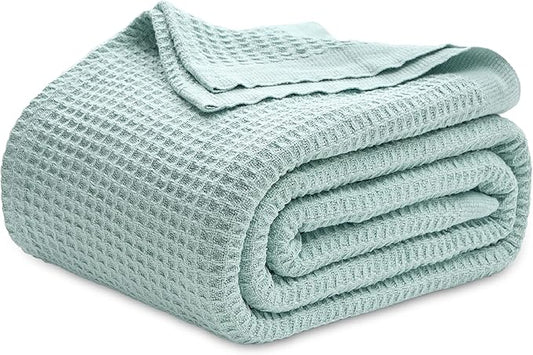 Bedsure 100% Cotton Blanket Queen Size for Bed - Breathable and Soft, Waffle Weave Blanket for Summer Spring, Mint, 90x90 Inches