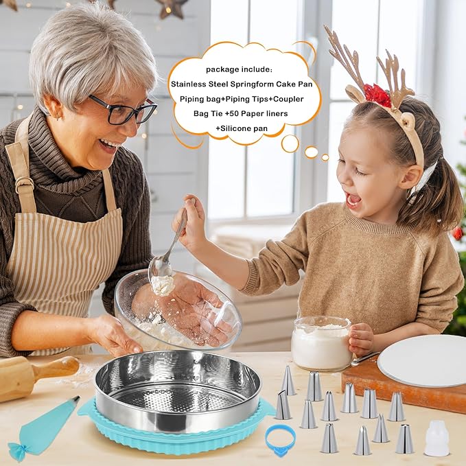 Aufind 10 Inch Springform Pan for Baking, 304 Stainless Steel Cheesecake Pan with Removable Bottom, Includes 12 Piping Tips and 50 Parchment Papers for Pie Cake Pizza and Quiches(10" Cake pan)