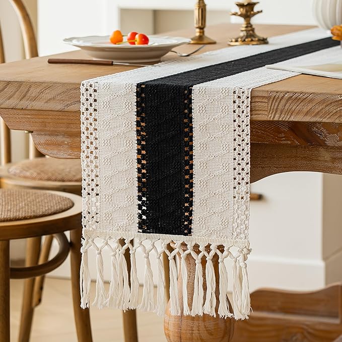 FEXIA Boho Table Runner for Home Decor with Tassels 36 Inches Long,Black Farmhouse Rustic Table Runner Macrame Burlap Table Decoration for Living Room Bridal Shower(12x36 Inches)