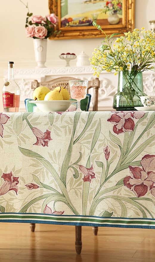 patdrea Designer Linen Green Rectangle Tablecloth,Framhouse Violets Pattern Floral Extra Long Tablecloths,Table Cover Decor for Kitchen Dining Christmas,Thanksgiving,Tea Party,63"x110"-Tara a