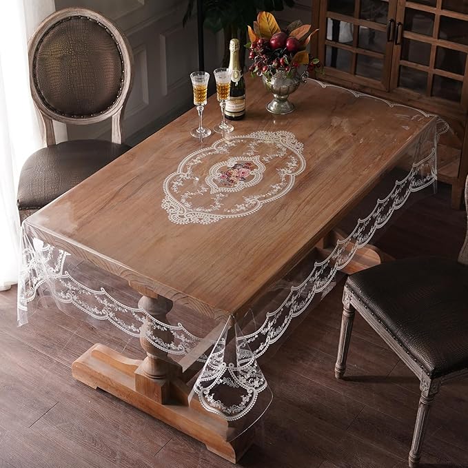 Clear Table Cover Protector Plastic Vinyl Table Cloth with White Lace Pattern Oil Spill Proof Plastic Tablecloths for Dining Tables Parties Holidays (French Lace, 60 x 84 Inches)
