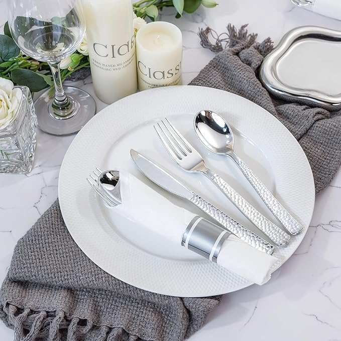 WELLIFE 50 Pack Silver Plastic Silverware with Pre Rolled Napkins,Wrapped Silverware Set Disposable,Includes:50 Forks, 50 Knives, 50 Spoons, 50 Napkins,Utensils Plastic Disposable