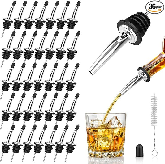36-Pack Stainless Steel Pour Spouts for Liquor Bottles, Oil, Vinegar, and Wine – Liquor Bottle Pourers with Rubber Dust Caps – Bar Pourers for Bartending