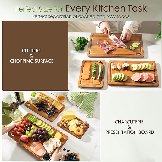 Astercook Deep-Carbonized Bamboo Cutting Boards for Kitchen with Wood Storage Stand, Reversible Charcuterie & Chopping Boards with Juice Grooves and Easy-Grip Handles, Knife-Friendly, Kitchen Gift