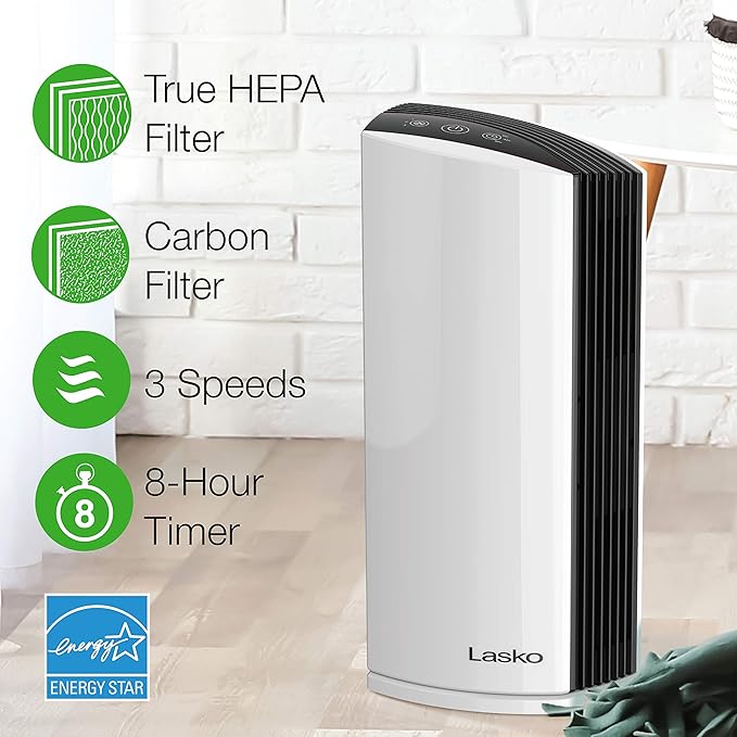 Lasko LP300 HEPA Tower Air Purifier with Timer for a Cleaner, Fresher Environment –2-Stage Filtration Removes Smoke, Odors, Pet Dander, Virus Sized Particles, Pollen, Dust, 21.6" x 7.3” x 10.3”, White