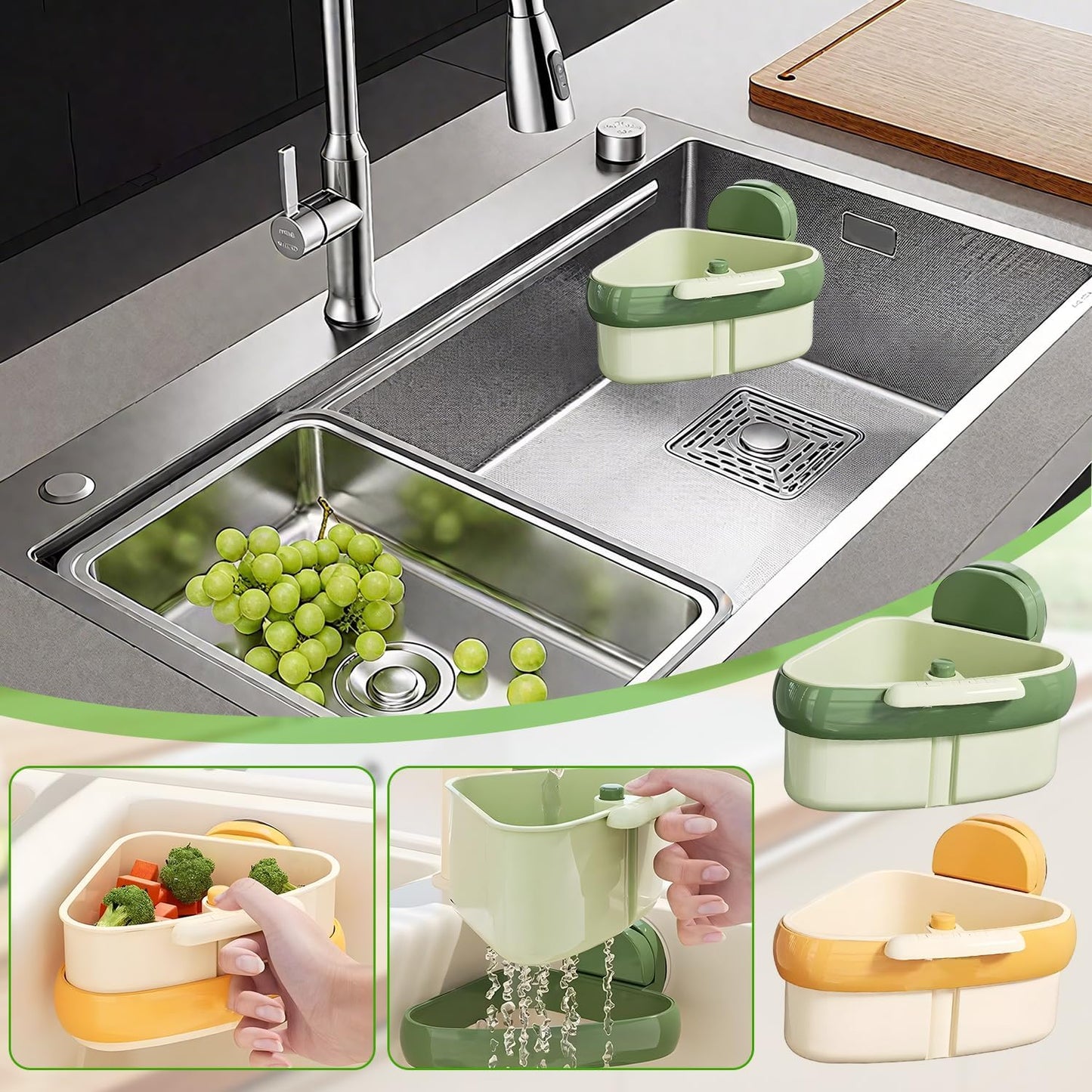 Sink Strainer Basket,2025 New Upgraded Suction Cup Press Sink Drainer Basket,Suction Cup Corner Rack,Corner Trash Catcher for Food Waste,Faucet Sponge Storage Rack (Orange)
