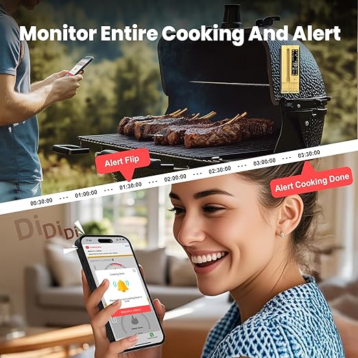 WiFi Sub-1G Wireless Meat Thermometer Unlimited Range 7 NIST Certified Sensors with Ambient Temp 2 Temp Monitoring Ways Digital Smart Base and App for BBQ, Smoker, Grill, Oven (1, black, small)