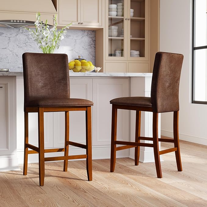 COSTWAY Upholstered Counter Height Bar Stools Set of 2, 26'' Wooden Kitchen Island Chairs with Padded Fabric Seat, Mid Century Modern Barstools with Backs for Dining Room & Pub, Walnut