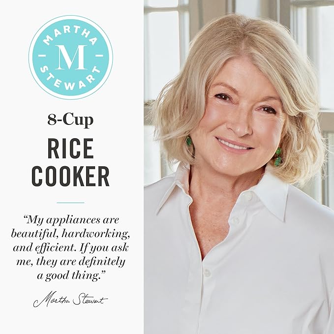Martha Stewart Rice Cooker, 4 Cup (Uncooked) / 8 Cup (Cooked), Ceramic Non-Stick Removable Pot, Keep Warm, Measure Markings, Steam Basket, Brown & Sushi Rice, Quick Cook, Quinoa, Grains, Oats, Linen White