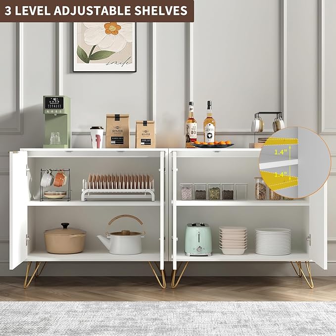 Fluted TV Stand for 90 Inch TV, Modern TV Stand Console, White Entertainment Center with 3 Storage Cabinets, Adjustable Shelves & Gold Handles, Wood Media Cabinet for Living Room