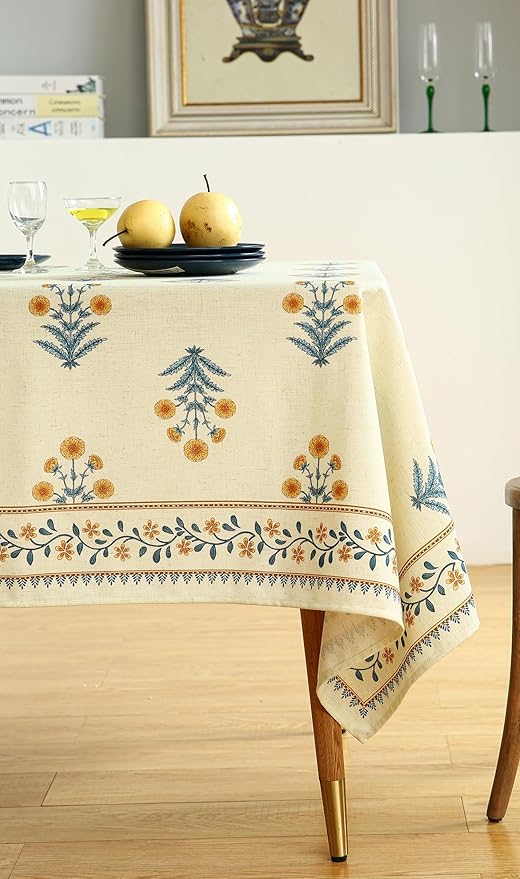 ISAENNE Designer French Pale Yellow Long Tablecloth Rectangle,Linen Floral Table Cloth,Wrinkle Resistant Decor Tablecloths for Dining Thanksgiving Banquet Kitchen Party,63"*94"-Estevan A