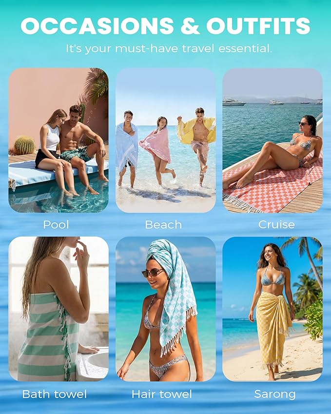 2 Packs Checkered Plaid Beach Sarong Turkish Towel Pareo Women Boho Swimsuit Coverup Maxi Bikini Cover Up Swim Tie Skirts Bath Suit Cruise Carnival Ship Essentials Packing List Accessories Vacation