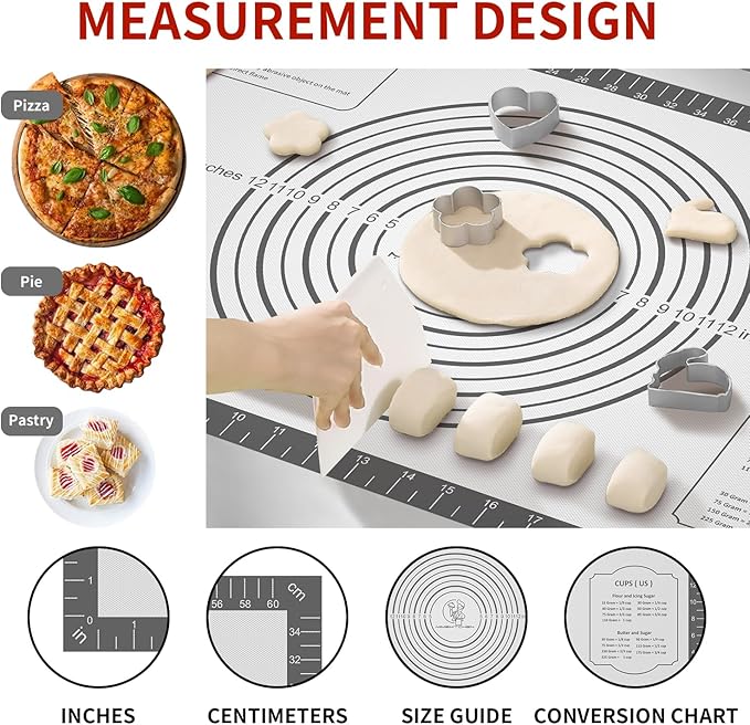 Silicone Baking Mat with Measurement, Non Stick Silicone Pastry Mat for Dough Rolling, Silicone Mat for Baking Macaron Pizza Cookies Pie Crust Oven, Silicone Bread Mat