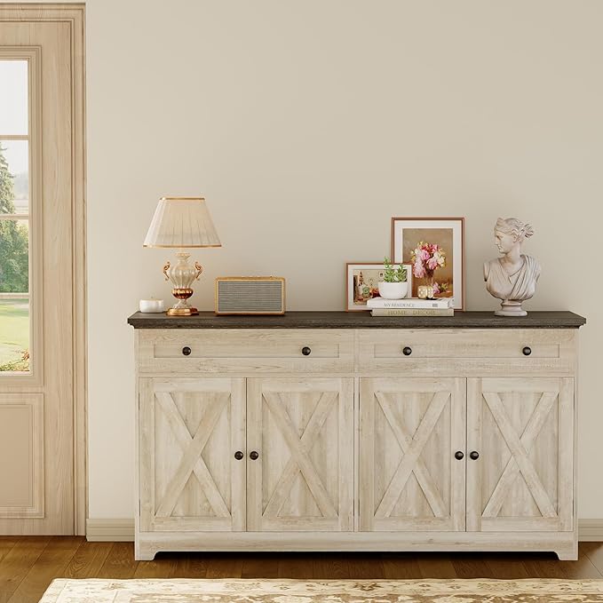 IRONCK Buffet Cabinet with Storage, Sideboard Storage Cabinet, Kitchen Cabinet with Drawers and Doors, Charcoal Grey and Beige Maple