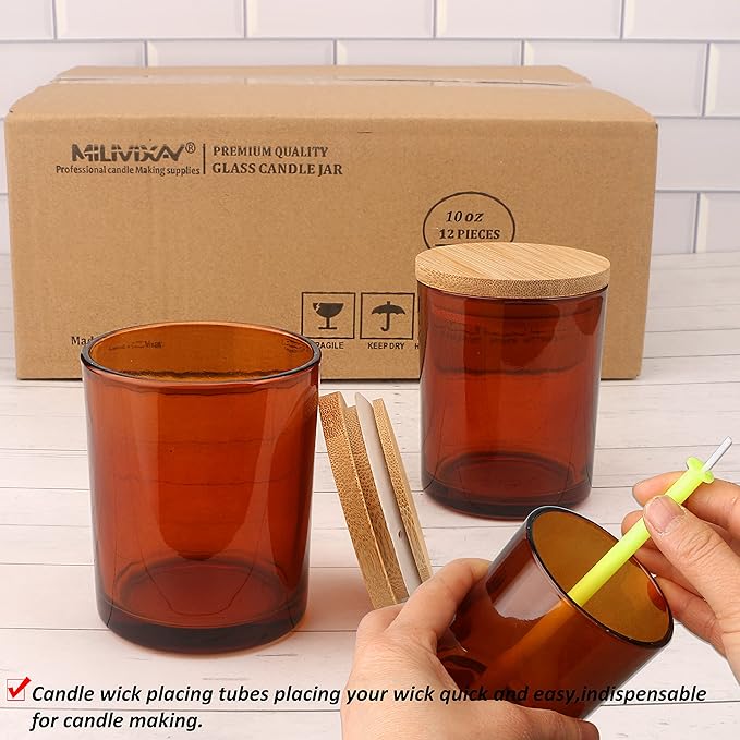 MILIVIXAY 12 pcs 10 OZ Amber Glass Candle Jars with Lids and Candle Making Kits - Bulk Empty Candle Jars for Making Candles - Spice, Powder Containers.