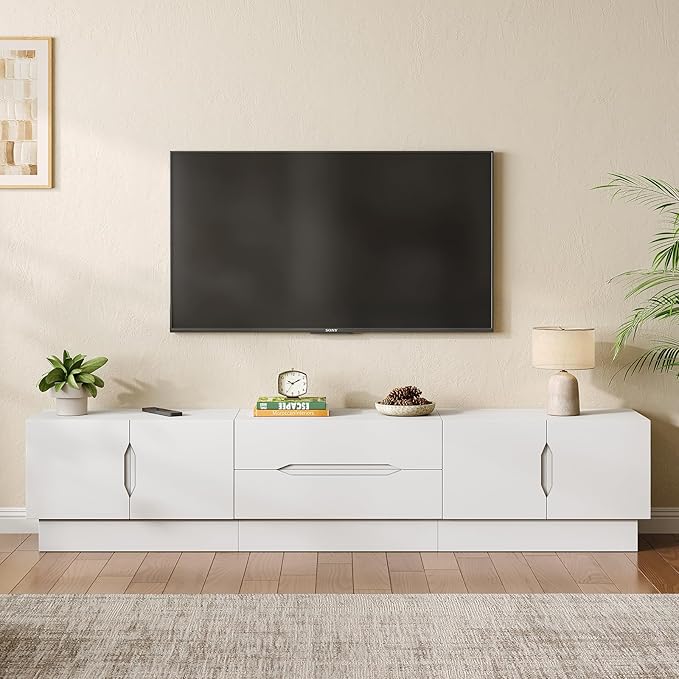 94.5" Wide Modern TV Stands for Living Room, Entertainment Center with Storage Cabinets and Drawers,Wooden TV Console with Groove Handle,Media Console for Bedroom,Dining Room,White