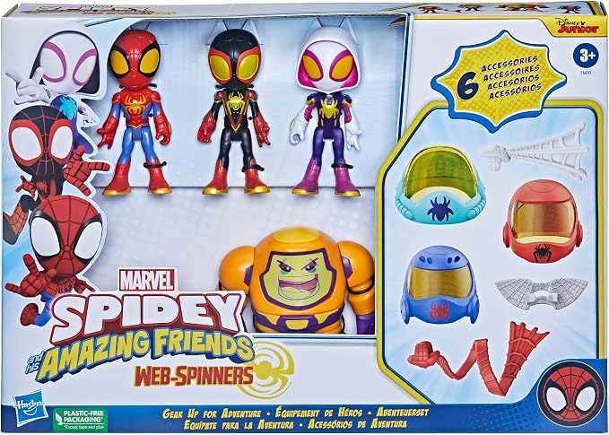 Spidey and his Amazing Friends Marvel Web-Spinners Gear Up for Adventure 4-Pack, 4-Inch Action Figures with 6 Accessories, Super Hero Toys for Kids 3+ (Amazon Exclusive)