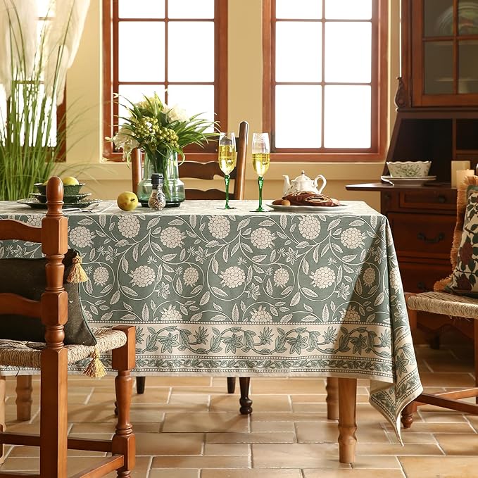 ISAENNE Designer Grayish Green Linen Square Tablecloth,Floral Elegant Stain Resistant Table Cloth,Fall Vintage Decor Tablecloths for Dining Thanksgiving Kitchen Tea Party,67"*67"-Andrew A