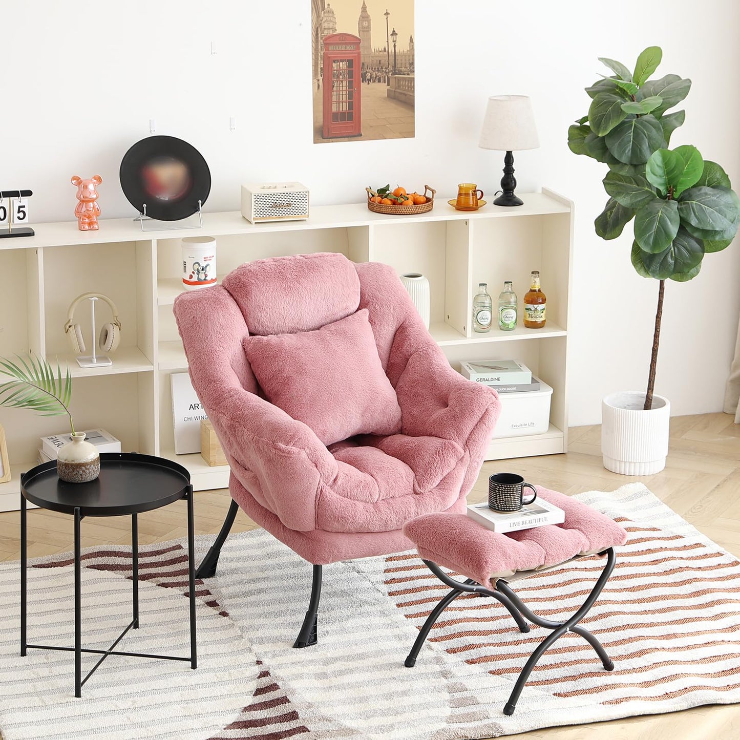 YOTATING Lazy Chair with Ottoman, Comfy Reading Lounge Chair with Footstool & Throw Pillow Modern with Armrests & Side Pocket for Living Room, Bedroom, Dorm Room, Plush Dark Pink