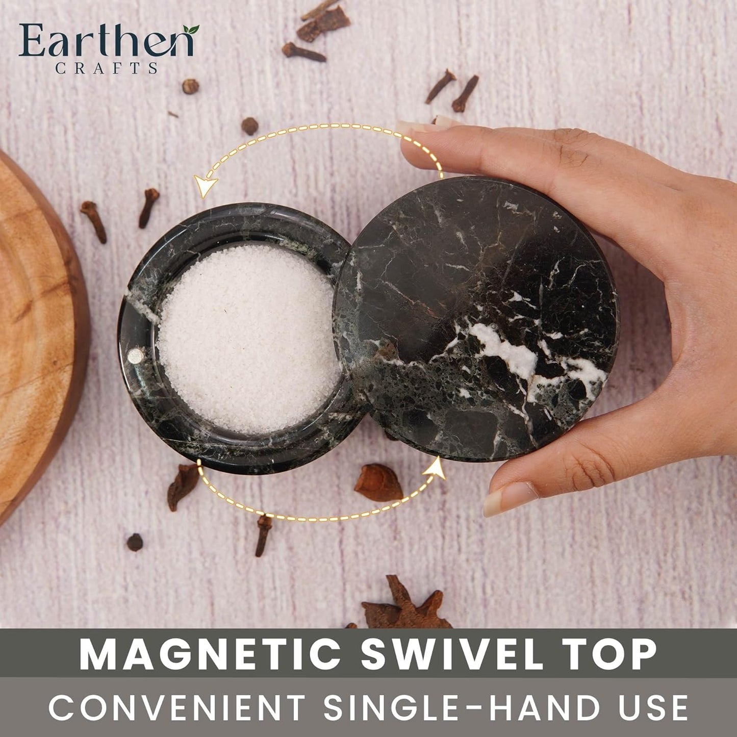 Marble Salt Cellar 3 Inch Black Salt Box With Swivel Lid, Spice Jar for Kitchen Counter with Magnetic Closure, Salt and Pepper Storage Container