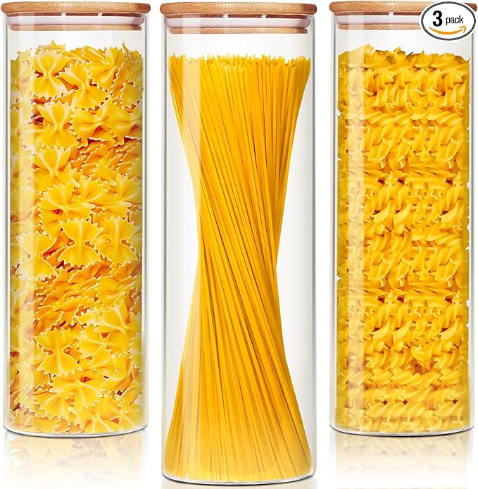 HomArtist Glass Jars with Bamboo Lids 79 FL OZ [Set of 3], Glass Canisters with Airtight Lids, Glass Food Storage Containers for Spaghetti, Fettuccine, Linguine,Pasta, Best for Kitchen & Pantry