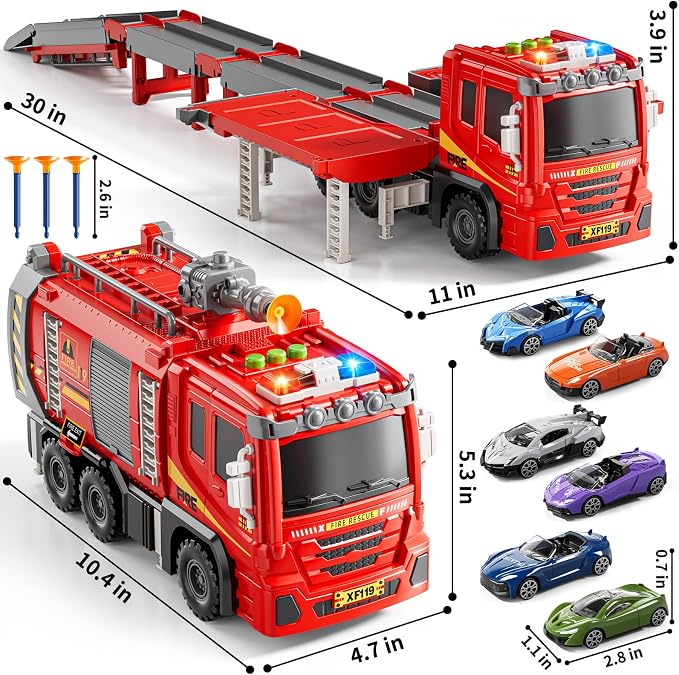 Fire Trucks Toys for Toddlers Ages 3-5, Folded Carrier Truck Race Track with with Lights & Sounds and 6 Racing Car Toys, Birthday Gift for 3 4 5 6 7 8 Years Old Boys Girls