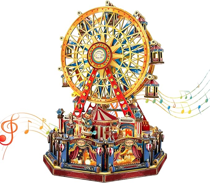 DIY 3D Wooden Puzzle Ferris Wheel Music Box Kit with LED,Rotating Mechanical Model Building Kit,Birthday for Family Friends - Century Ferris Wheel(SQ-69)